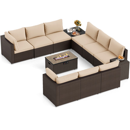 Outdoor PE Rattan Conversation Set with 32â€ Propane Fire Pit Table and Tank Holder-Beige
