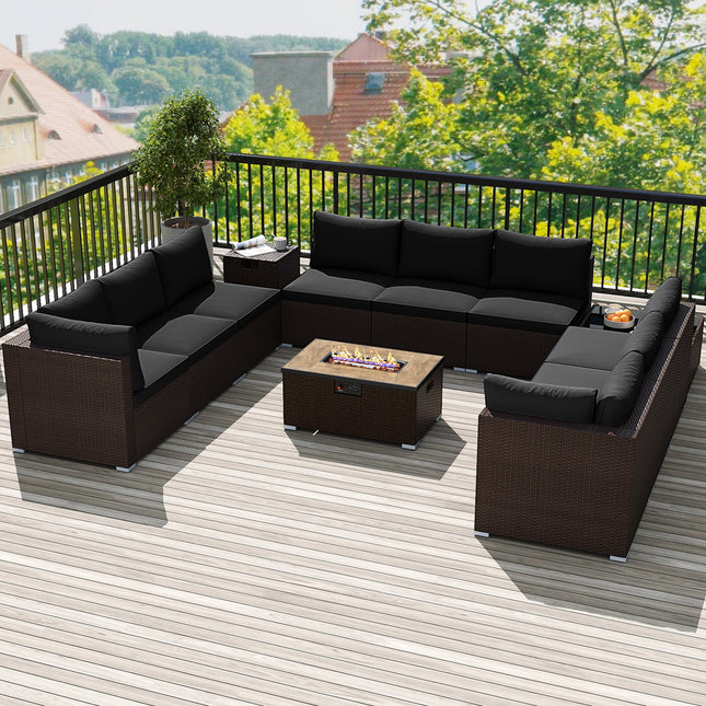Outdoor PE Rattan Conversation Set with 32â€ Propane Fire Pit Table and Tank Holder-Black