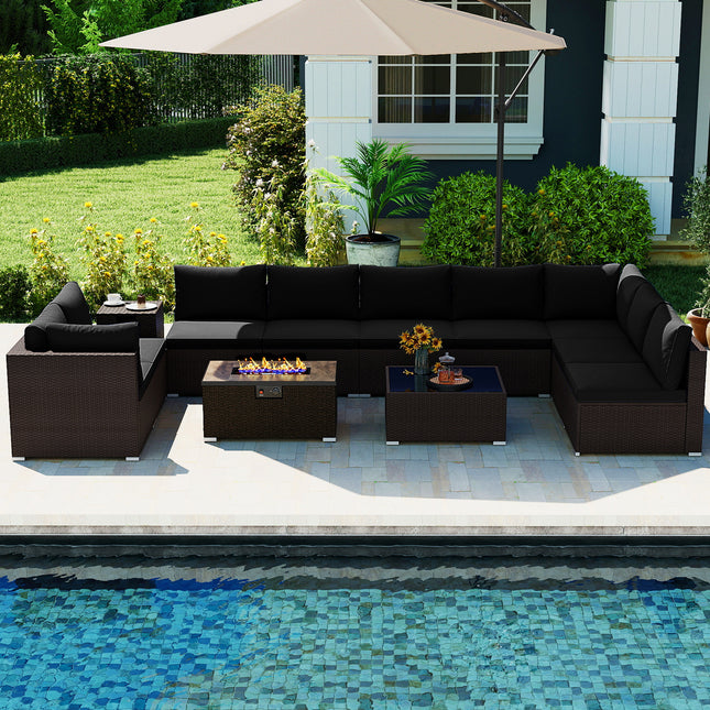 Outdoor PE Rattan Conversation Set with 32â€ Propane Fire Pit Table and Tank Holder-Black