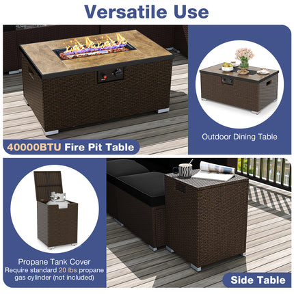 Outdoor PE Rattan Conversation Set with 32â€ Propane Fire Pit Table and Tank Holder-Black