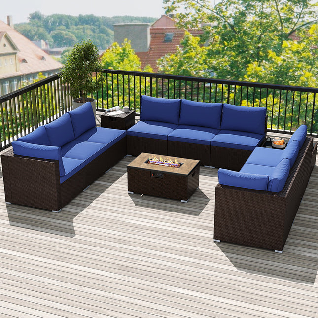 Outdoor PE Rattan Conversation Set with 32â€ Propane Fire Pit Table and Tank Holder-Navy