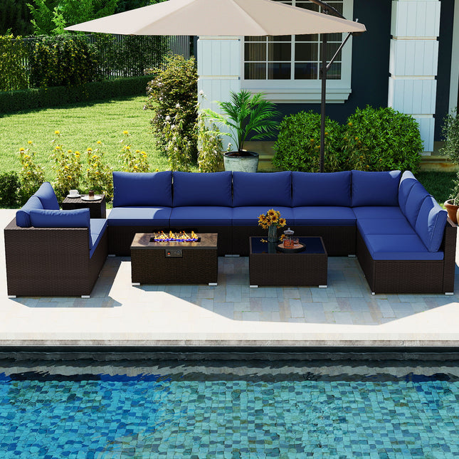 Outdoor PE Rattan Conversation Set with 32†Propane Fire Pit Table and Tank Holder-Navy