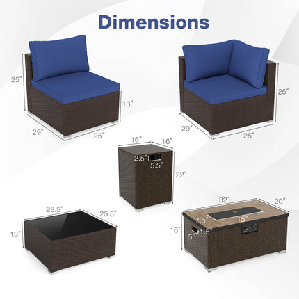 Outdoor PE Rattan Conversation Set with 32â€ Propane Fire Pit Table and Tank Holder-Navy