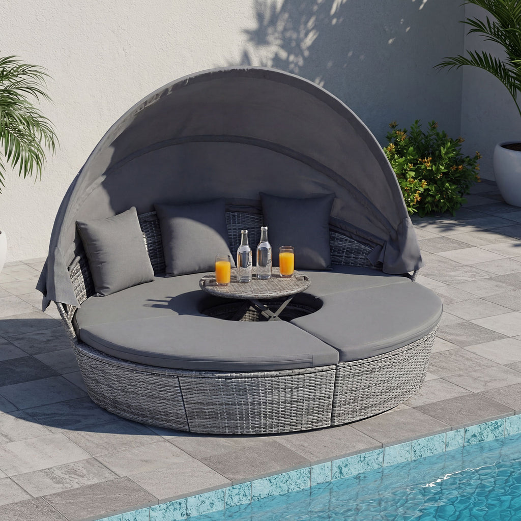 Lit de repos rond d'extérieur en rotin PE avec auvent rétractable et coussins - Gris