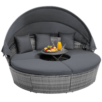 Outdoor PE Wicker Round Daybed with Retractable Canopy and Cushions-Gray