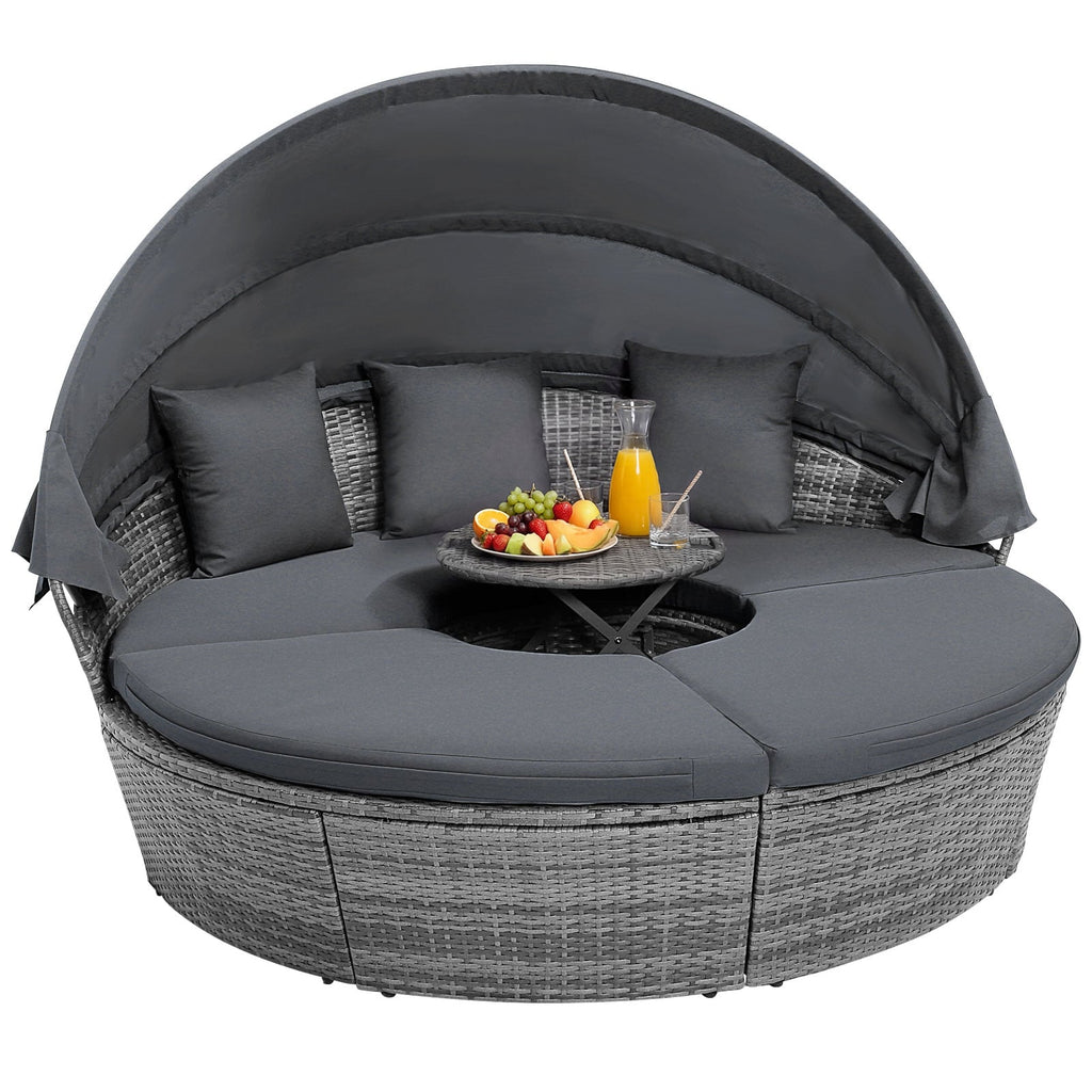 Lit de repos rond d'extérieur en rotin PE avec auvent rétractable et coussins - Gris