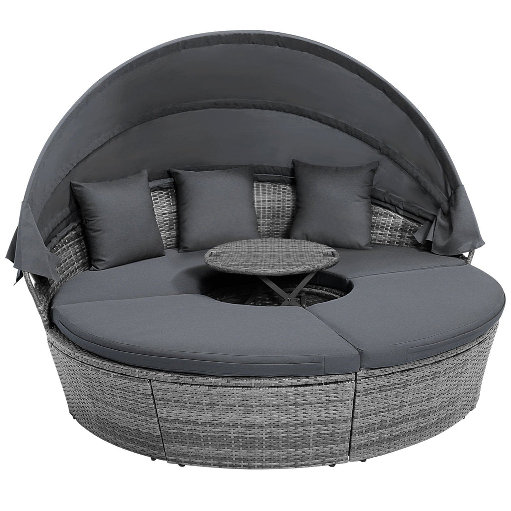 Lit de repos rond d'extérieur en rotin PE avec auvent rétractable et coussins - Gris