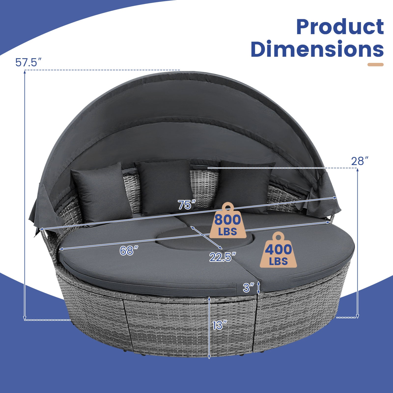Lit de repos rond d'extérieur en rotin PE avec auvent rétractable et coussins - Gris