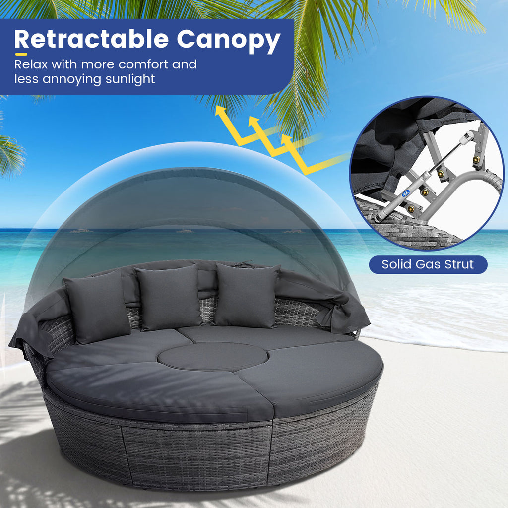 Lit de repos rond d'extérieur en rotin PE avec auvent rétractable et coussins - Gris