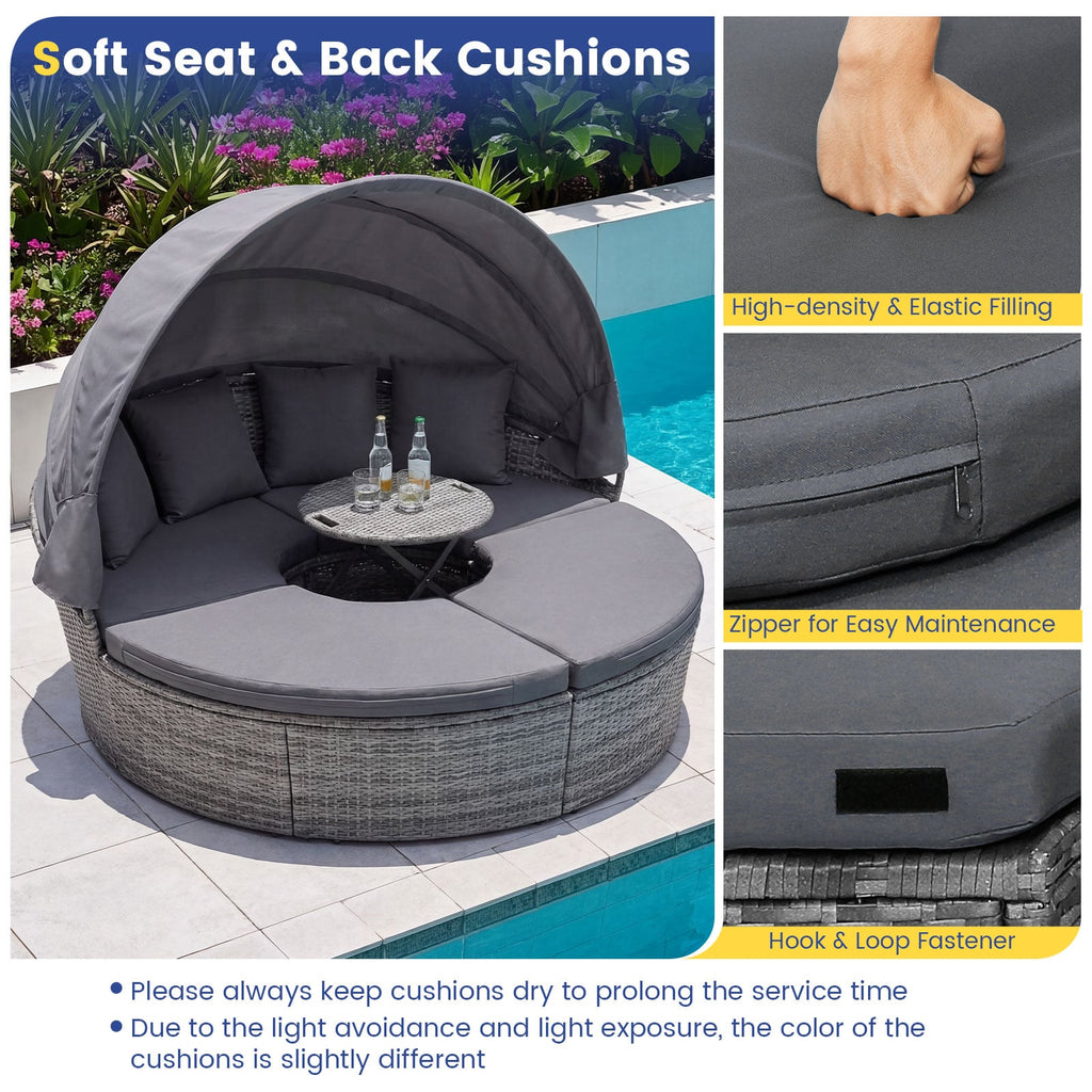 Lit de repos rond d'extérieur en rotin PE avec auvent rétractable et coussins - Gris