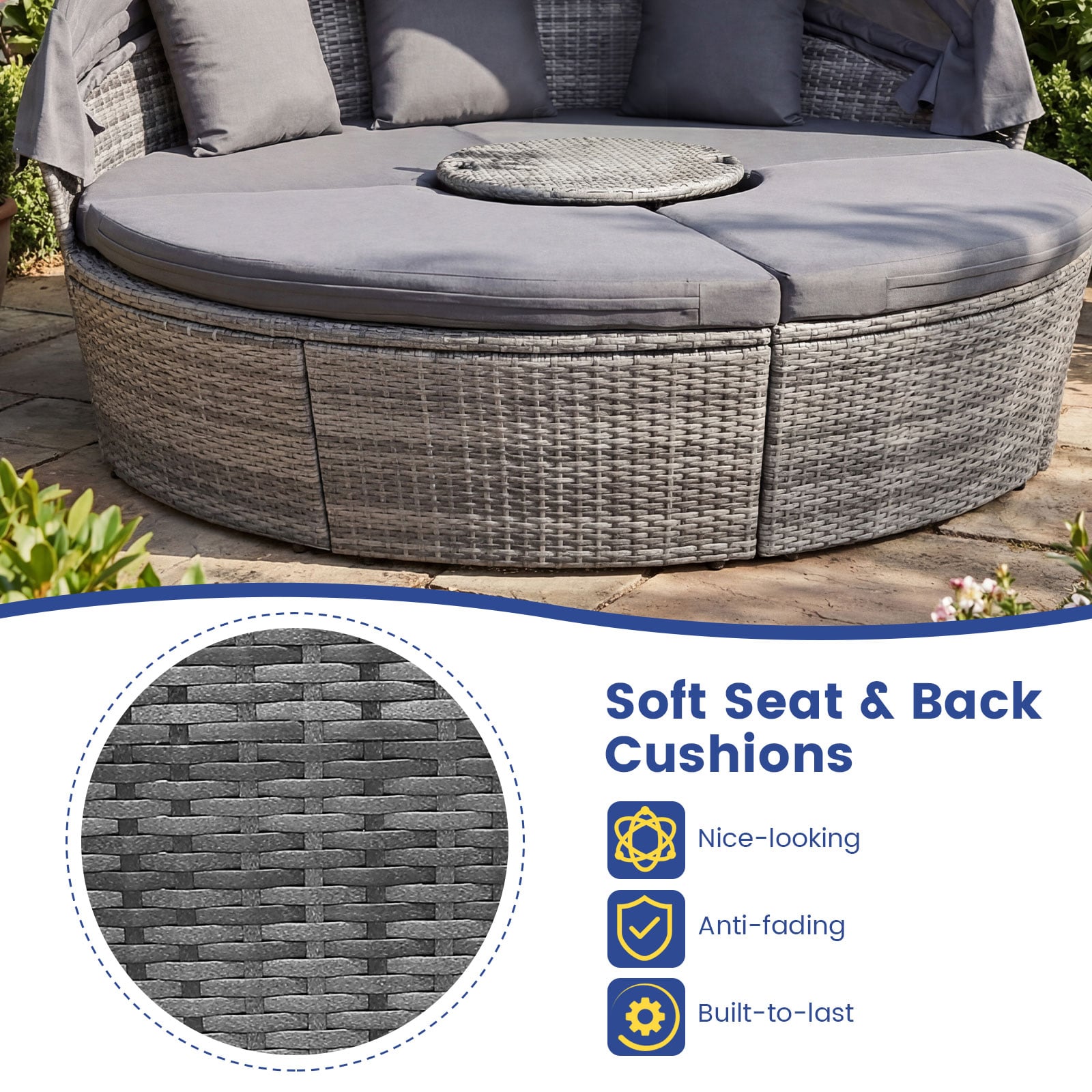 Lit de repos rond d'extérieur en rotin PE avec auvent rétractable et coussins - Gris