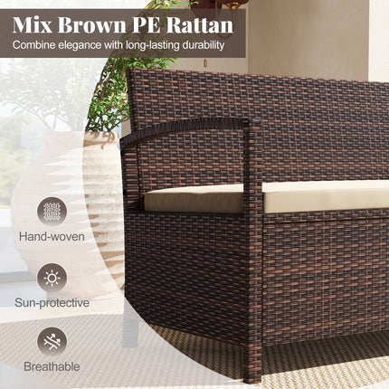 Outdoor PE Wicker Storage Bench 2 Seater with Cushion and 42 Gallon Deck Box-Beige