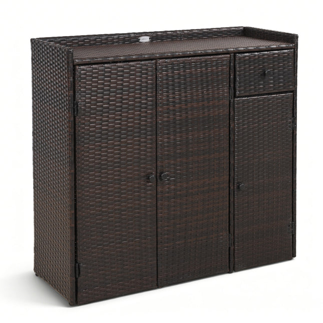 Outdoor PE Wicker Storage Cabinet with 3 Doors and Adjustable Shelves and Drawer-Brown
