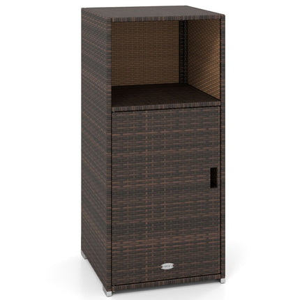 Outdoor PE Wicker Storage Cabinet with Door and Open Compartment for Patio-Brown