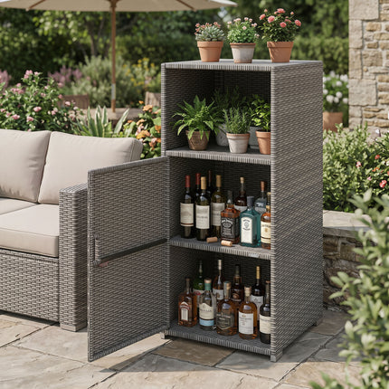 Outdoor PE Wicker Storage Cabinet with Door and Open Compartment for Patio-Gray