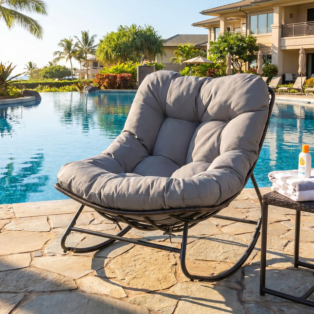 Outdoor Papasan Rocking Chair with Thick Cushion and Pads-Gray