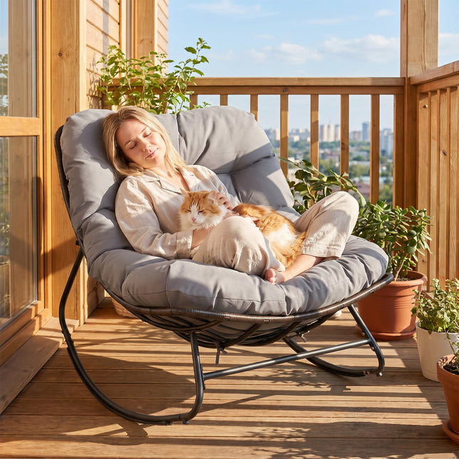 Outdoor Papasan Rocking Chair with Thick Cushion and Pads-Gray