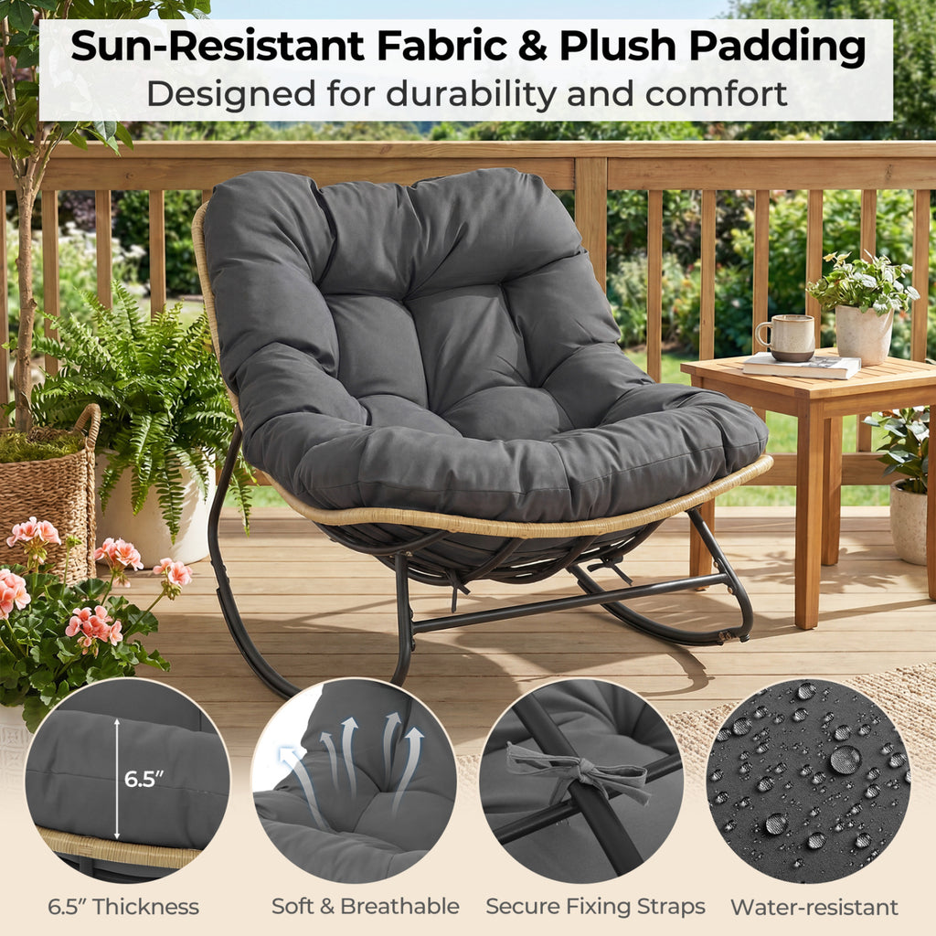 Outdoor Papasan Rocking Chair with Thick Cushioned Seat for Patio-Gray