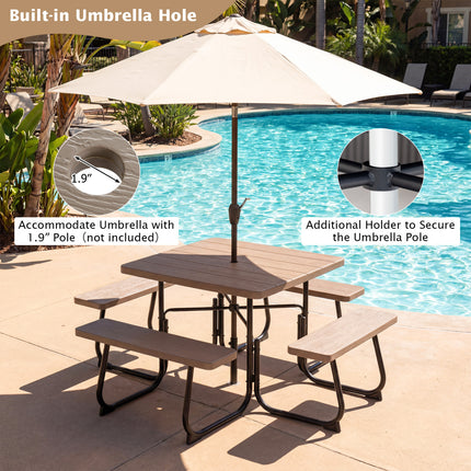 Outdoor Picnic Table with 4 Benches and Umbrella Hole-Brown