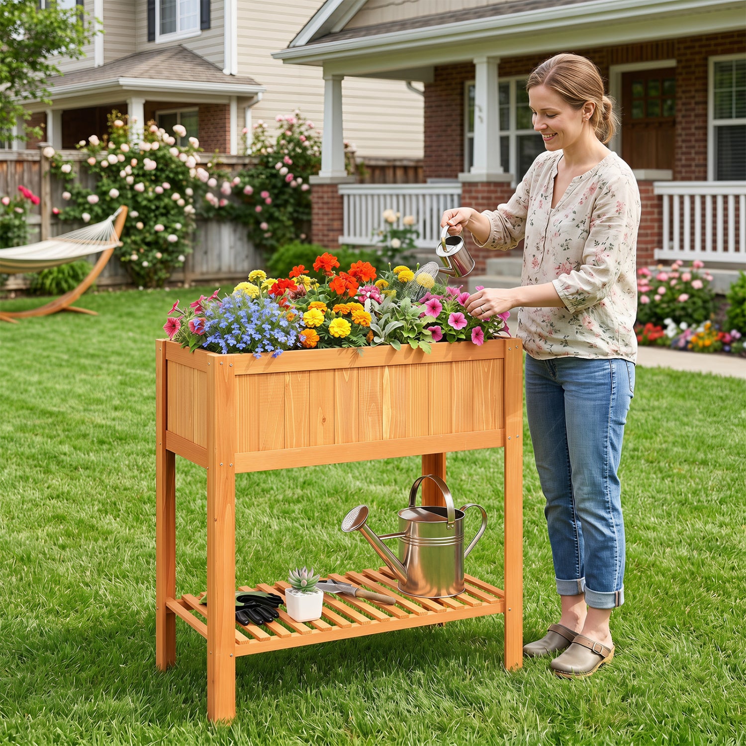 Outdoor Raised Garden Bed Fir Wood Planter Box with Bottom Storage Shelf and Protective Liner-Orange