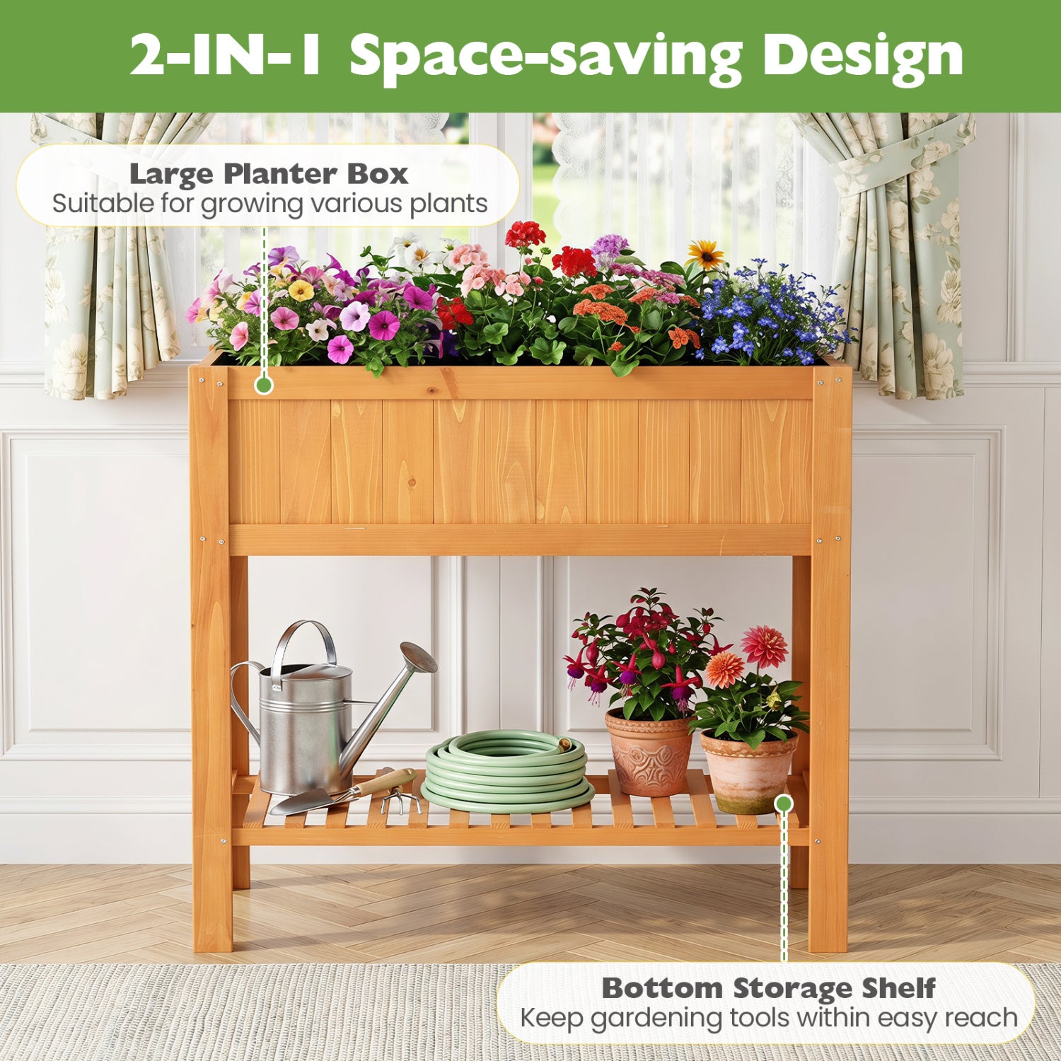 Outdoor Raised Garden Bed Fir Wood Planter Box with Bottom Storage Shelf and Protective Liner-Orange