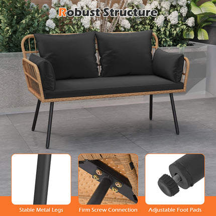 Outdoor Rattan 2-Seat Chair with Seat Back Cushions and Heavy-Duty Metal Legs-Black