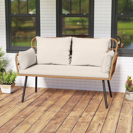 Outdoor Rattan 2-Seat Chair with Seat Back Cushions and Heavy-Duty Metal Legs-White