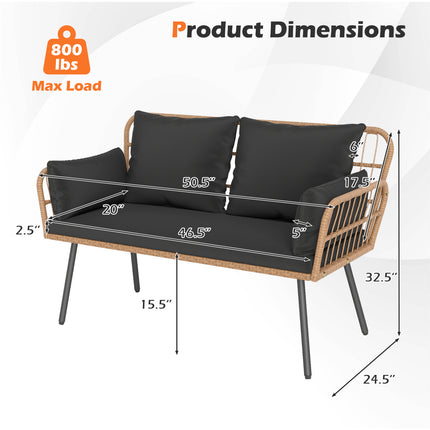 Outdoor Rattan 2-Seat Chair with Seat Back Cushions and Heavy-Duty Metal Legs-Black