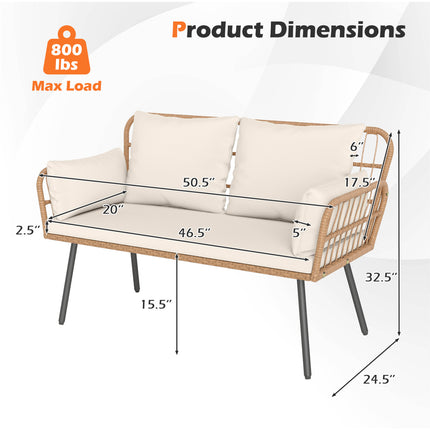 Outdoor Rattan 2-Seat Chair with Seat Back Cushions and Heavy-Duty Metal Legs-White