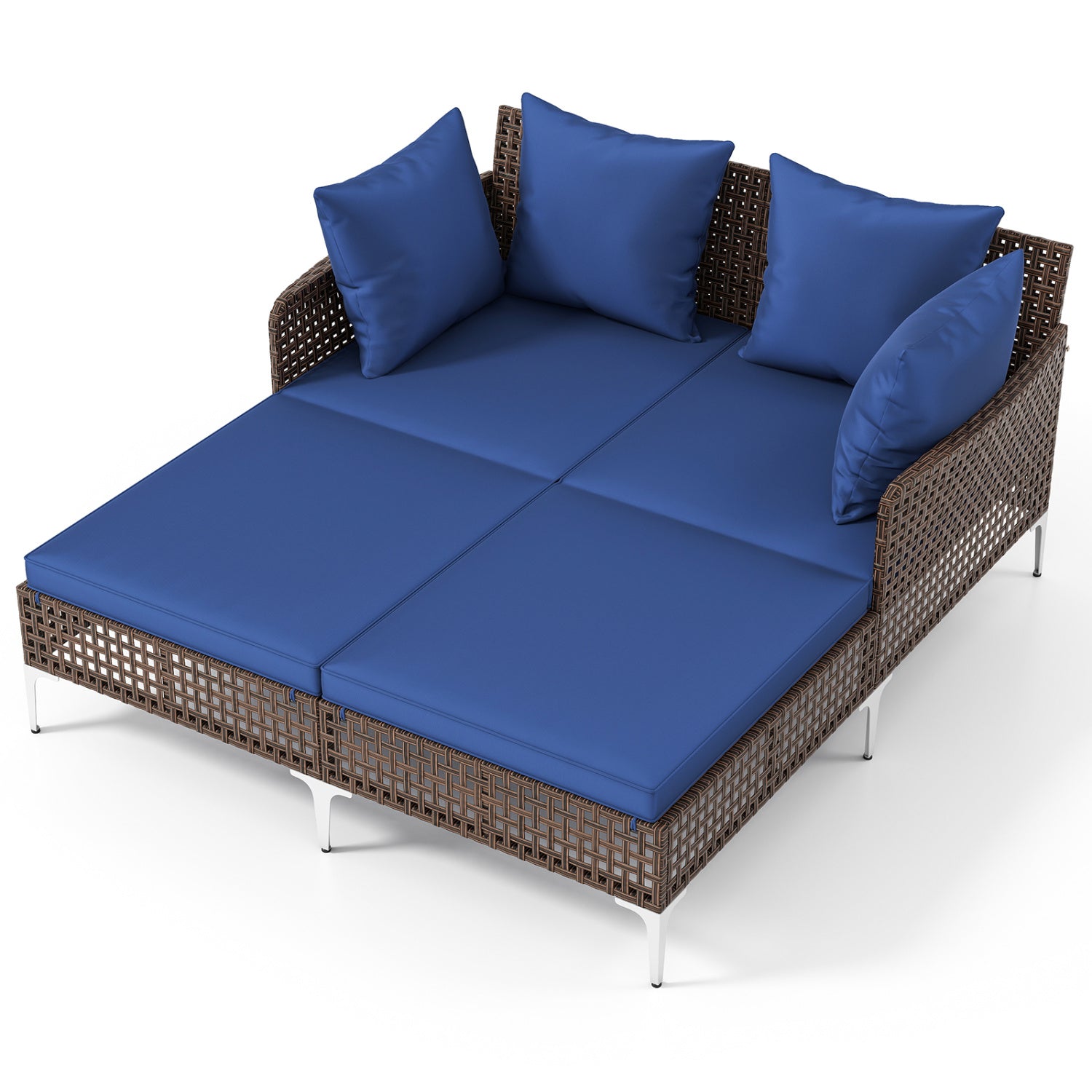 Outdoor Rattan Double Daybed Wicker Chaise Lounge-Navy