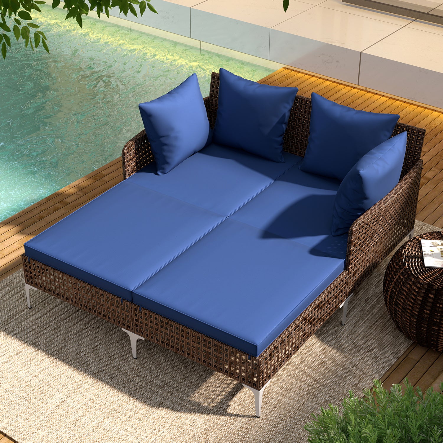Outdoor Rattan Double Daybed Wicker Chaise Lounge-Navy
