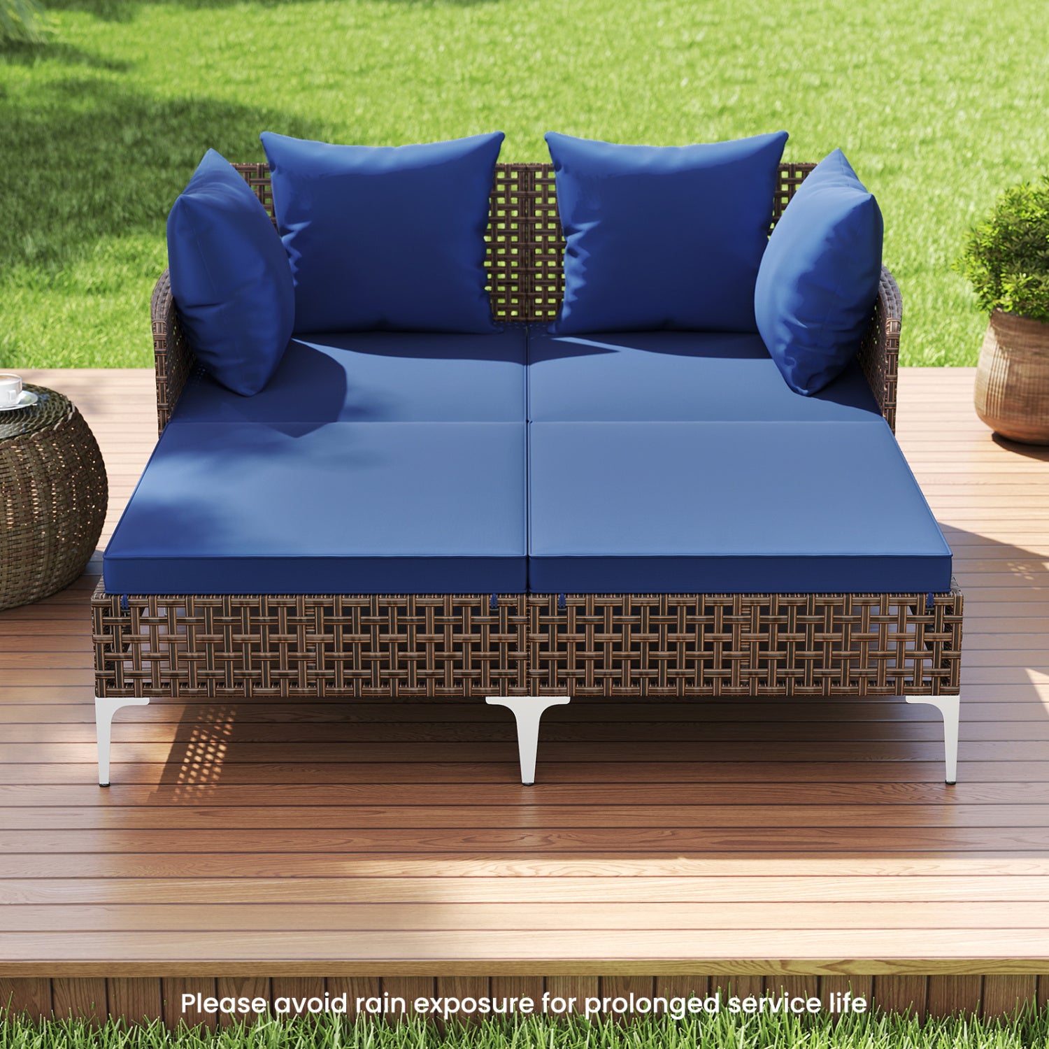 Outdoor Rattan Double Daybed Wicker Chaise Lounge-Navy