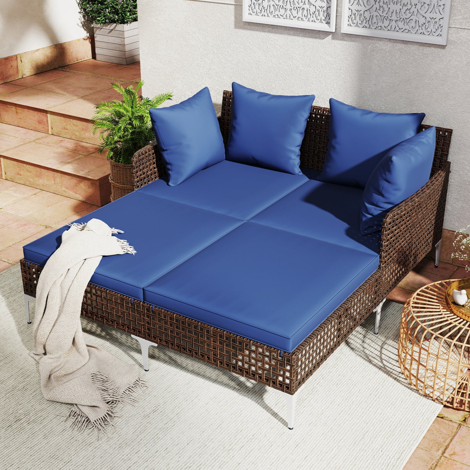 Outdoor Rattan Double Daybed Wicker Chaise Lounge-Navy
