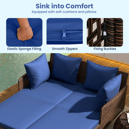 Outdoor Rattan Double Daybed Wicker Chaise Lounge-Navy