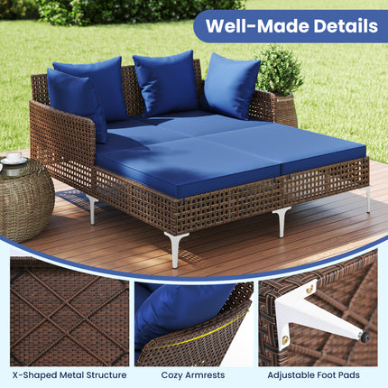 Outdoor Rattan Double Daybed Wicker Chaise Lounge-Navy