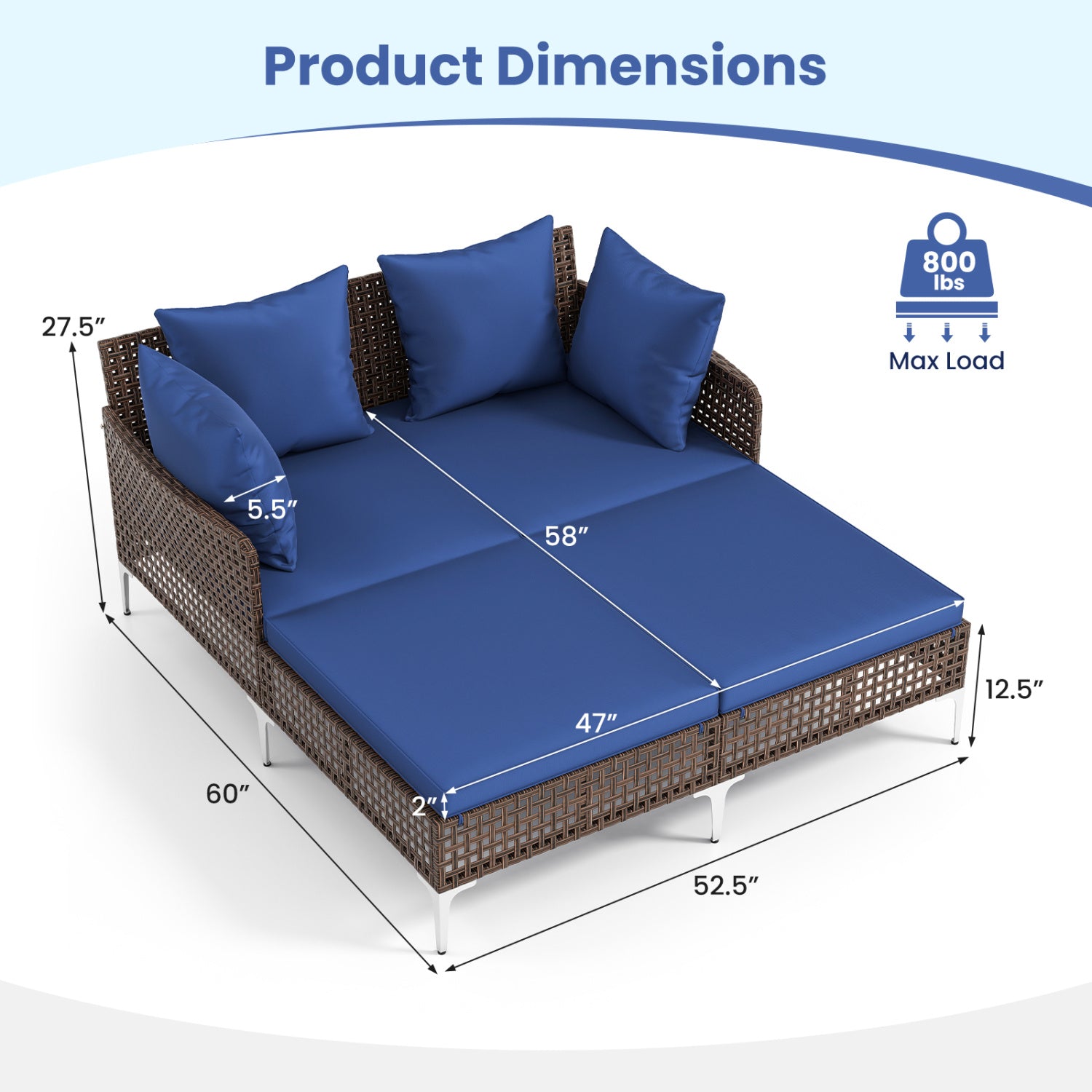 Outdoor Rattan Double Daybed Wicker Chaise Lounge-Navy