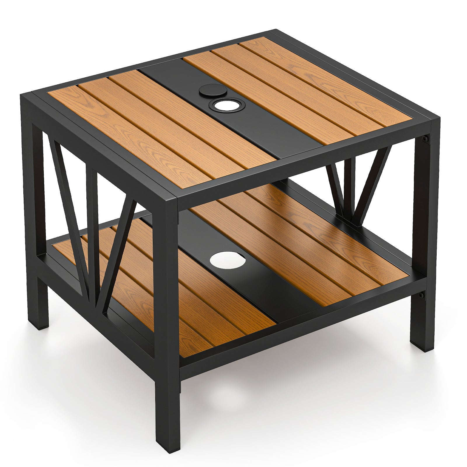 Table d'appoint d'extérieur avec trou pour parasol et étagère de rangement pour porche