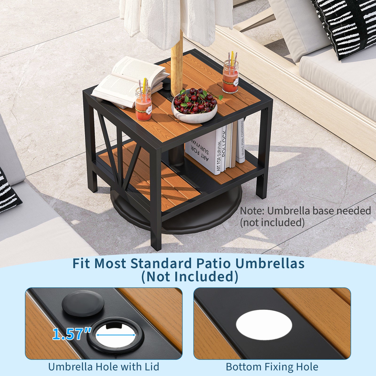 Table d'appoint d'extérieur avec trou pour parasol et étagère de rangement pour porche