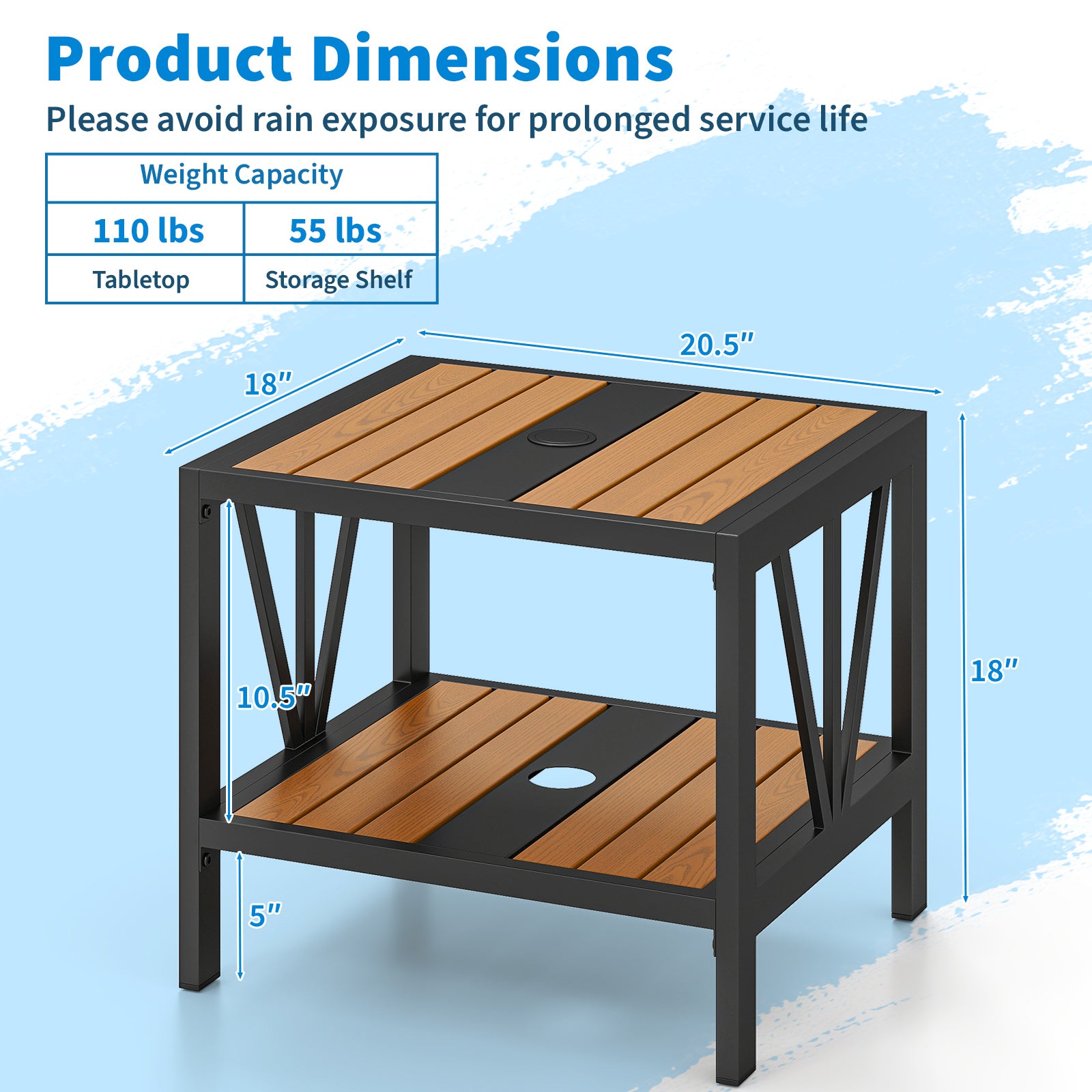 Table d'appoint d'extérieur avec trou pour parasol et étagère de rangement pour porche