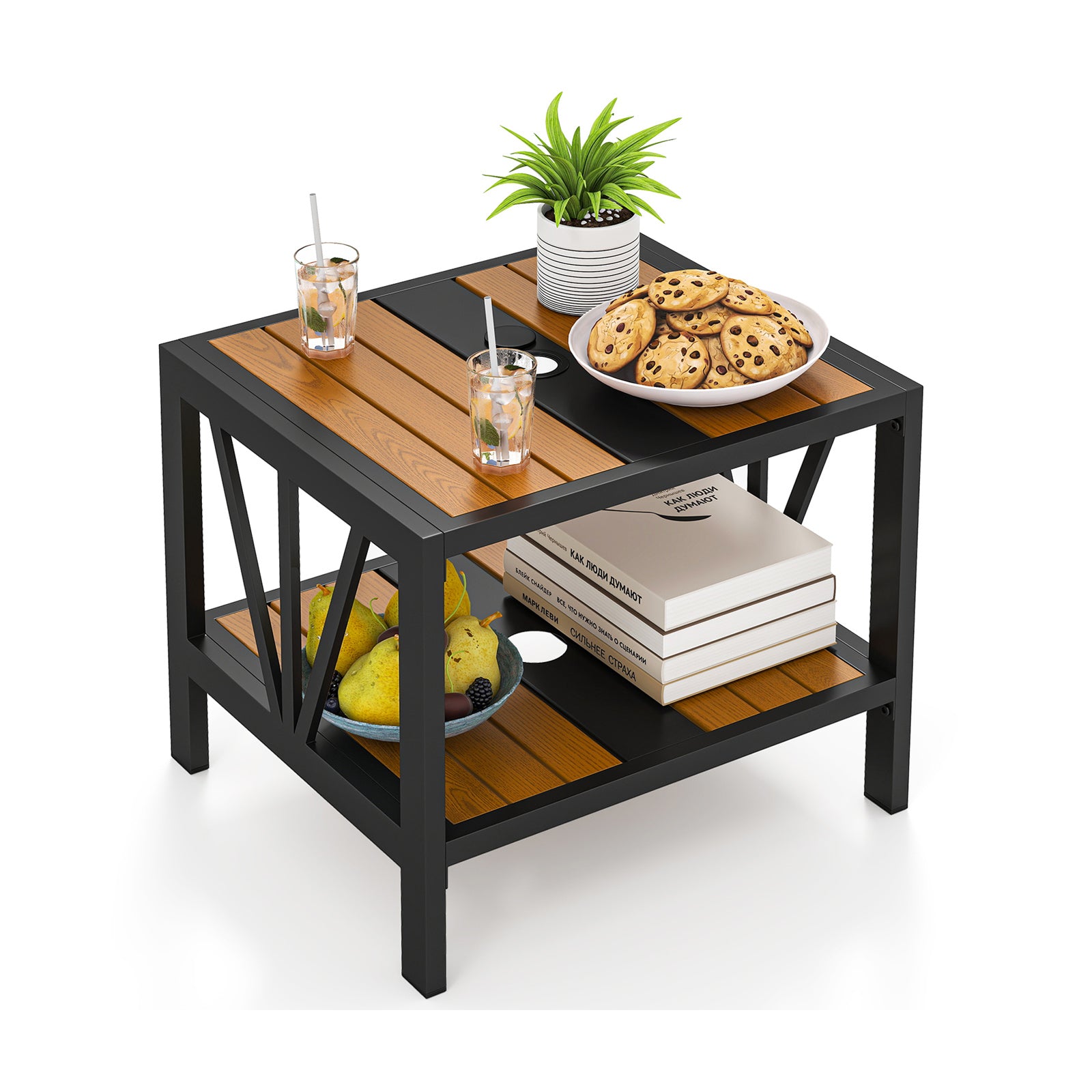 Table d'appoint d'extérieur avec trou pour parasol et étagère de rangement pour porche