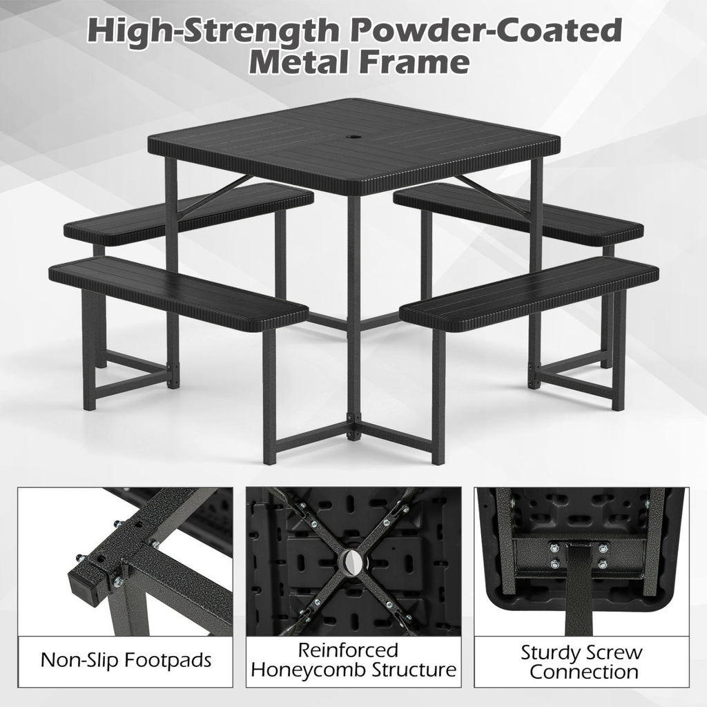 Outdoor Square Picnic Table Bench Set for 4-8 People with Umbrella Hole-Black