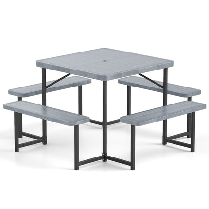 Outdoor Square Picnic Table Bench Set for 4-8 People with Umbrella Hole-Gray