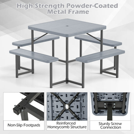 Outdoor Square Picnic Table Bench Set for 4-8 People with Umbrella Hole-Gray