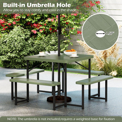 Outdoor Square Picnic Table Bench Set for 4-8 People with Umbrella Hole-Green
