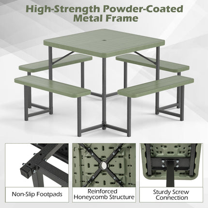 Outdoor Square Picnic Table Bench Set for 4-8 People with Umbrella Hole-Green
