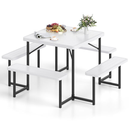 Outdoor Square Picnic Table Bench Set for 4-8 People with Umbrella Hole-White