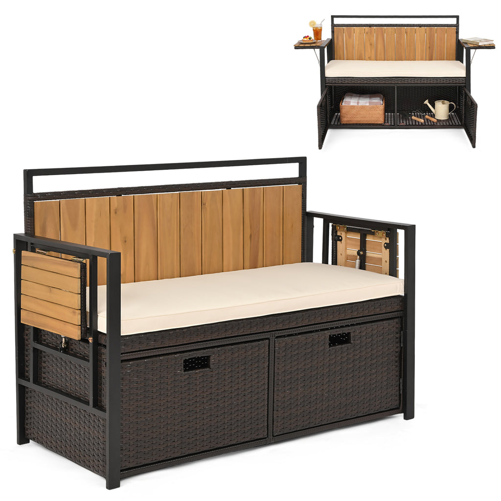 Outdoor Storage Bench with 2 Side Tables and 2-Seater Bench Seat