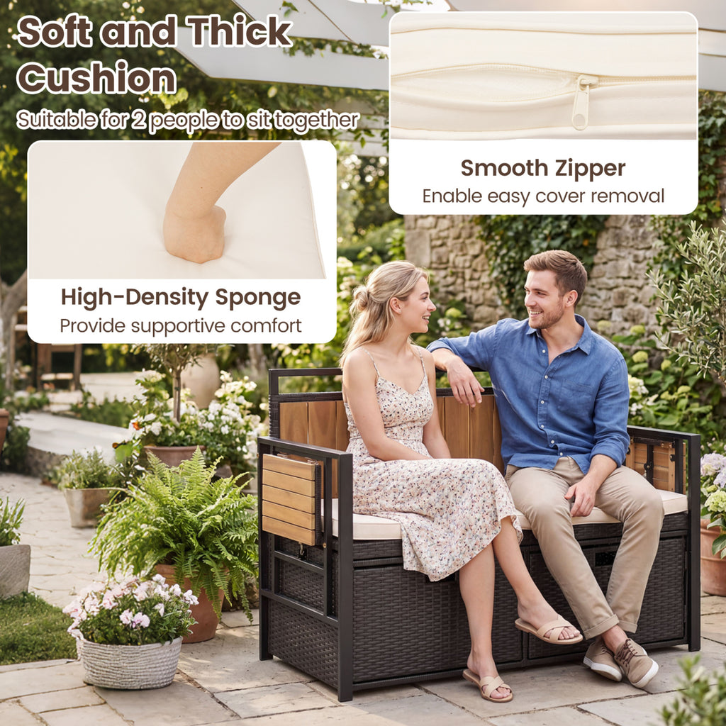 Outdoor Storage Bench with 2 Side Tables and 2-Seater Bench Seat