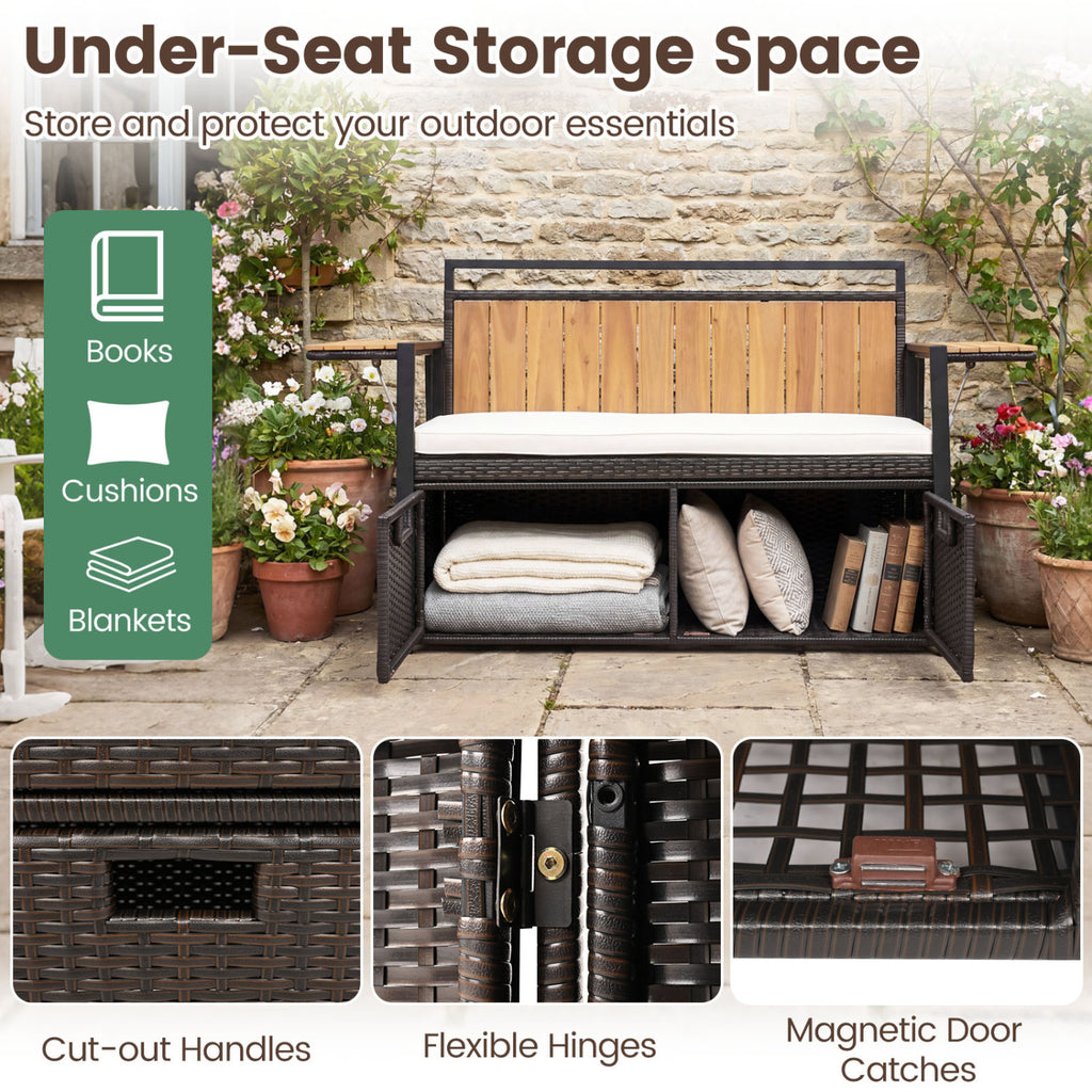 Outdoor Storage Bench with 2 Side Tables and 2-Seater Bench Seat