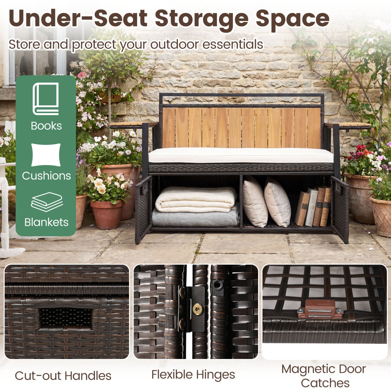 Outdoor Storage Bench with 2 Side Tables and 2-Seater Bench Seat